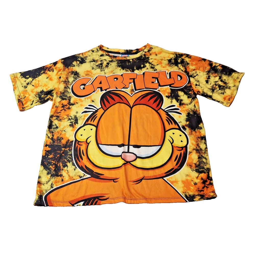 Garfield the Cat Cartoon Yellow Orange Tye-Dye Tamagotchi Anime T-Shirt Size L